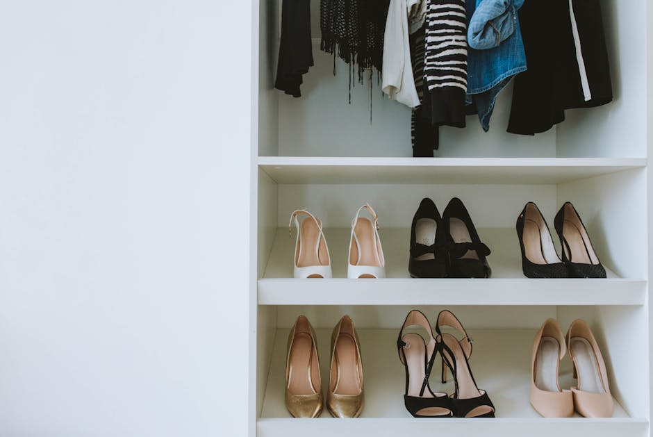 Organized shoe shelves in a luxury walk-in closet