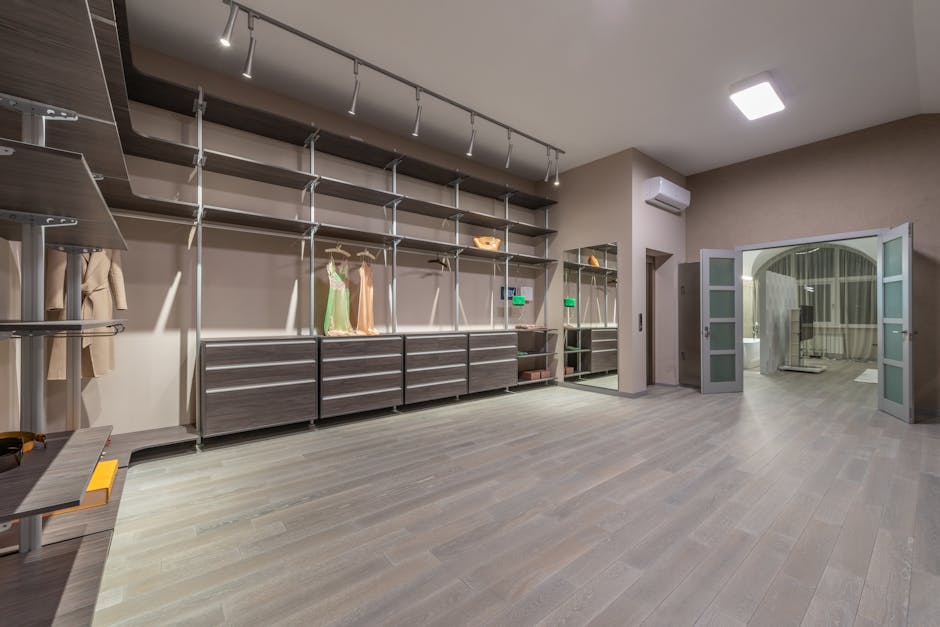 Luxury walk-in custom closet with wooden shelving